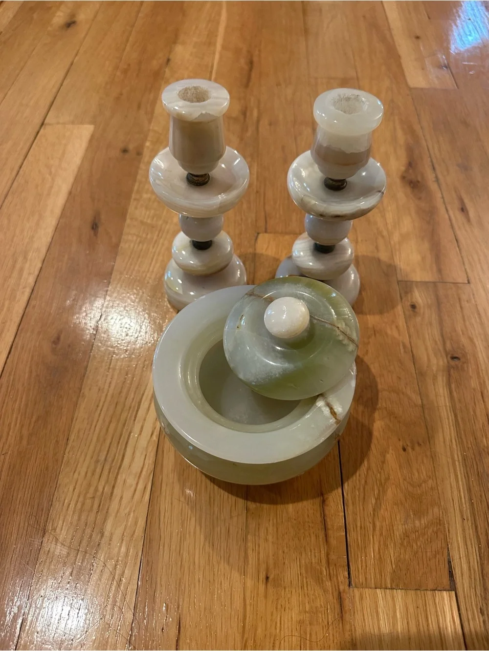 Cream and Green Onyx Decorative Jar with Matching Candlesticks